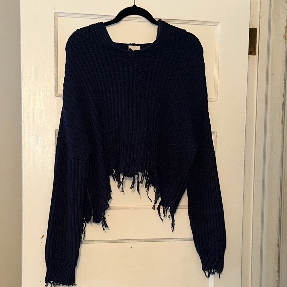 Skylar + Madison Frayed Hem Navy Sweater